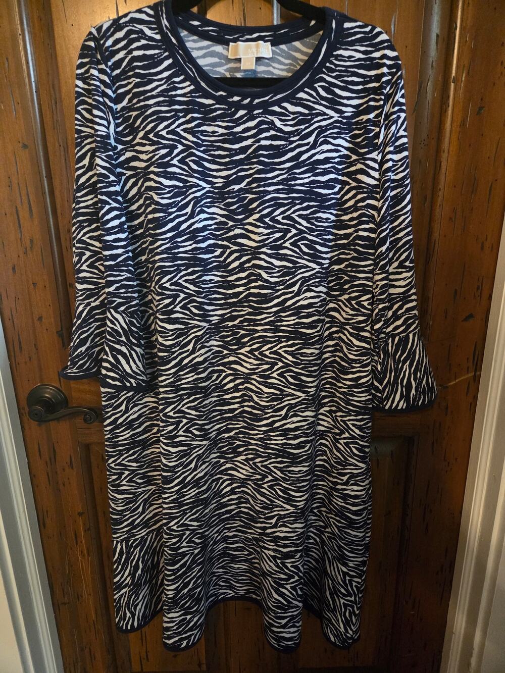 MICHAEL Michael Kors Zebra Print Bell Sleeve Dress Navy White Plus Size 2X EUC